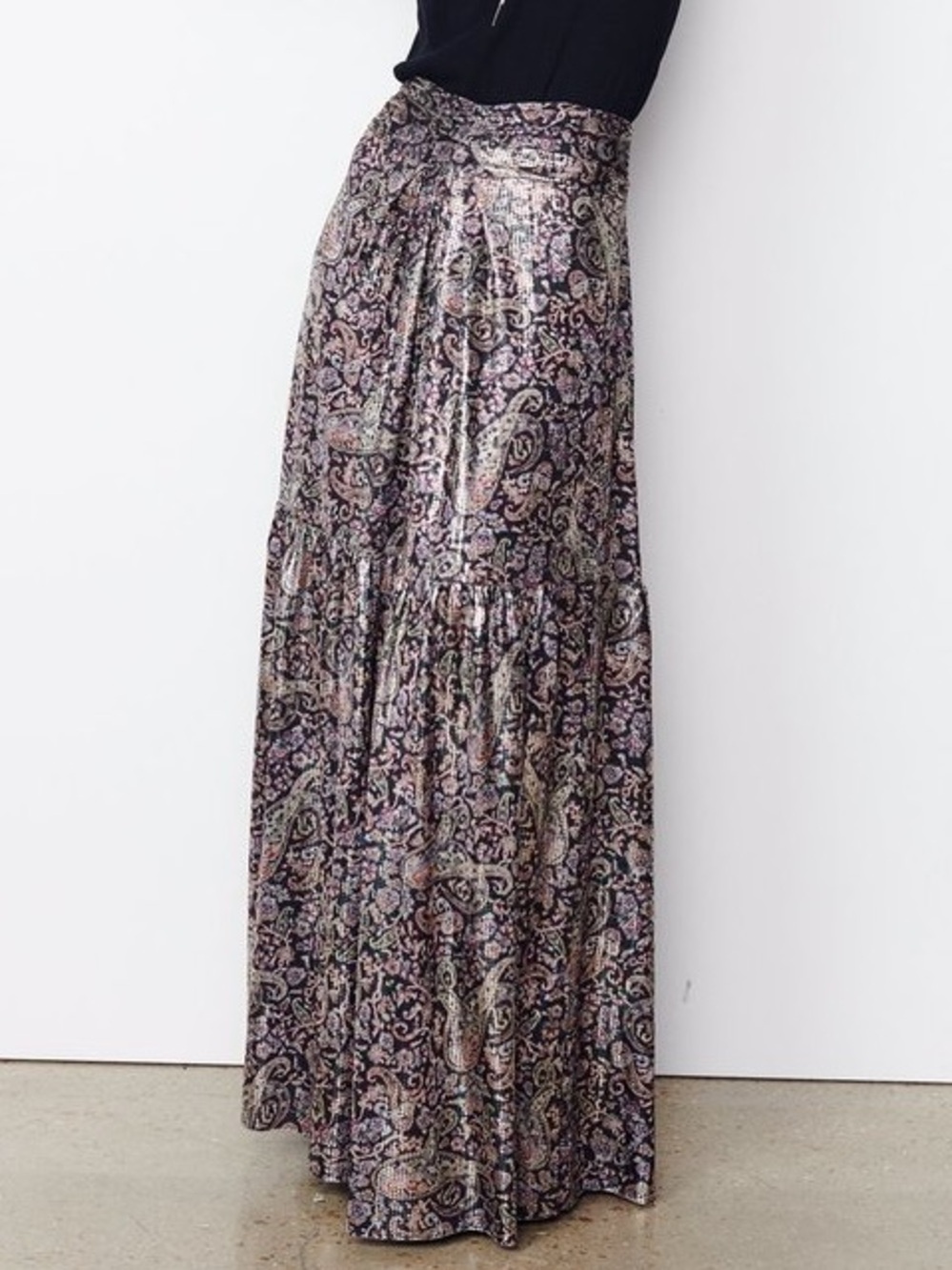 ba&sh Gabriel Metallic Paisley Print Jersey Tiered Maxi Skirt Small NWT